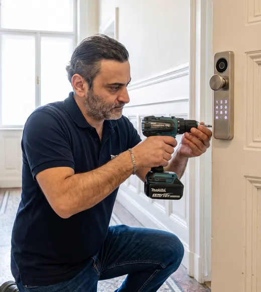 Mier Haimov montiert elektronischen Sicherheitsbeschlag mit Fingerprint-Sensor — KeyStar Schlüsseldienst Wien