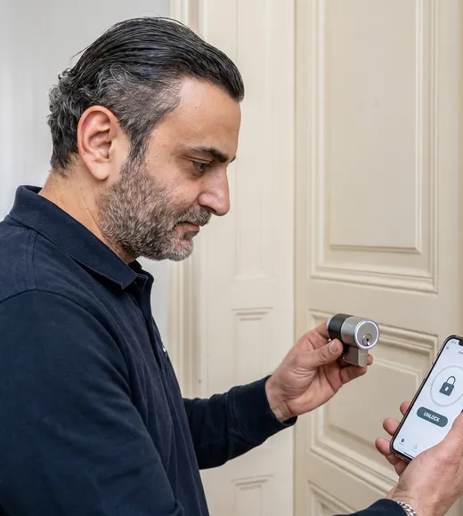 Mier Haimov mit elektronischem Smart-Lock-Zylinder und Smartphone-App vor Wiener Altbautür — KeyStar Schlüsseldienst