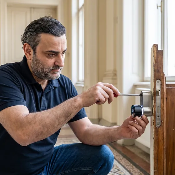 Mier Haimov bei der Installation eines elektronischen Smart-Lock-Zylinders in Wien — KeyStar